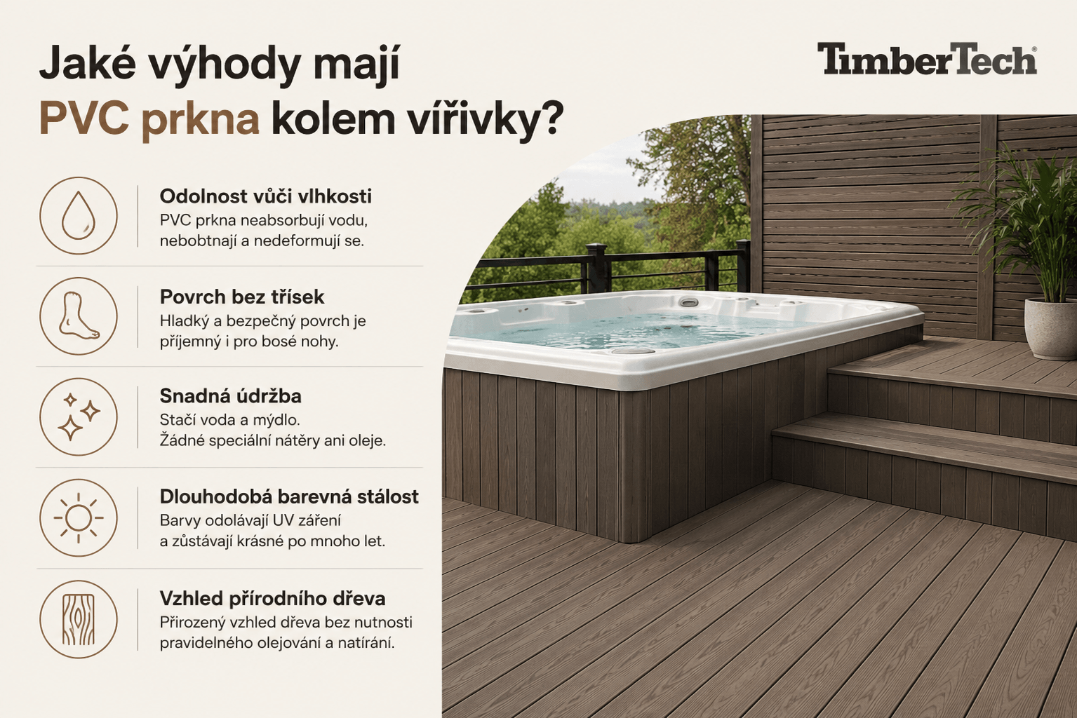 Výhody PVC prken TimberTech kolem vířivky a terasa v jednom odstínu