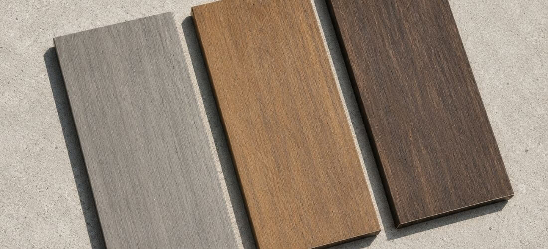Vzorky PVC terasových prken s technologií Cool Touch v různých barevných odstínech.