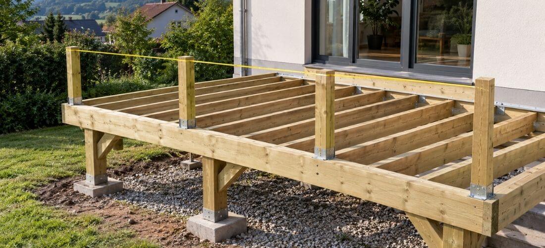 1. Dřevěná konstrukce terasy s rozmístěnými sloupky zábradlí