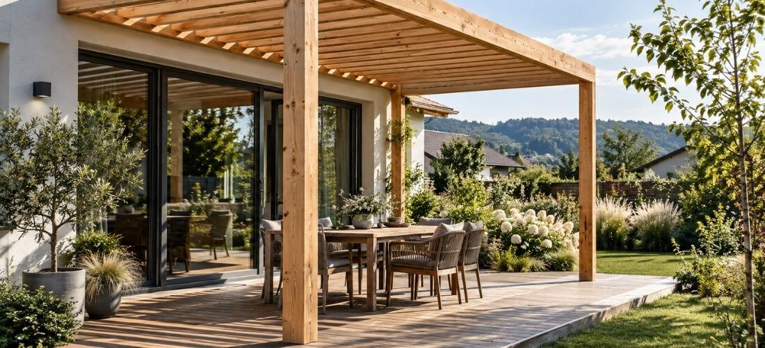 2 Dřevěná pergola nad terasou u moderního domu