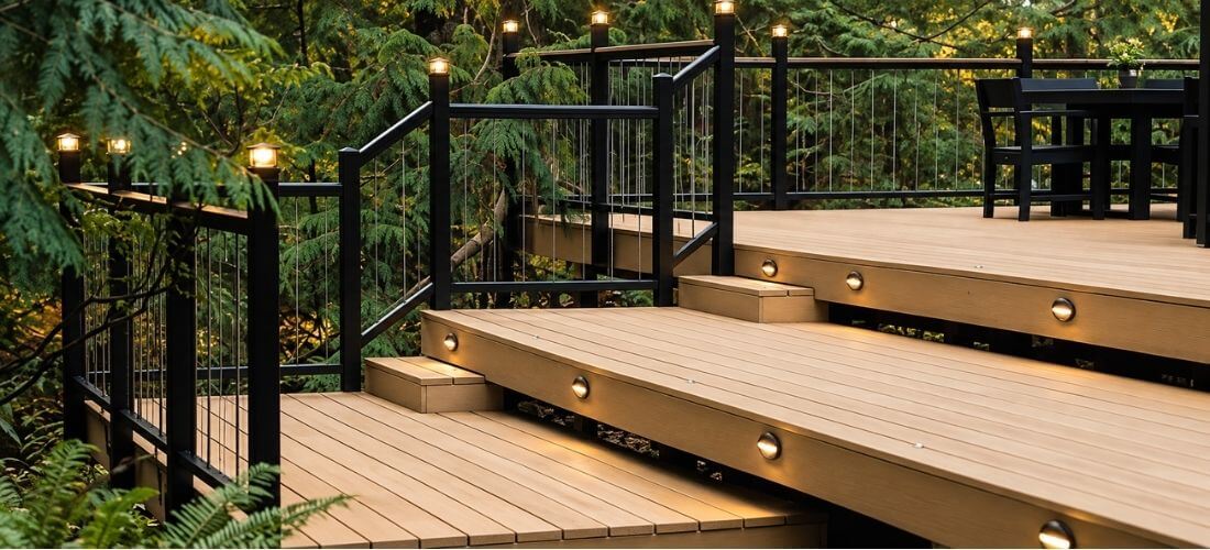 Stupňovitá terasa Weathered Teak s černým zábradlím mezi stromy