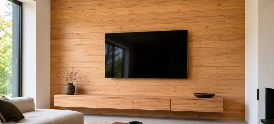 Televizní stěna obložená horizontálními dřevěnými palubkami v moderním obývacím pokoji