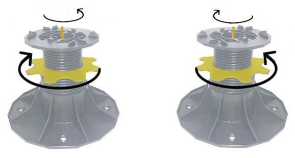 Sch&eacute;ma rektifikačn&iacute;ho terče pro dřevěnou terasu s uk&aacute;zkou regulace v&yacute;&scaron;ky ot&aacute;čen&iacute;m