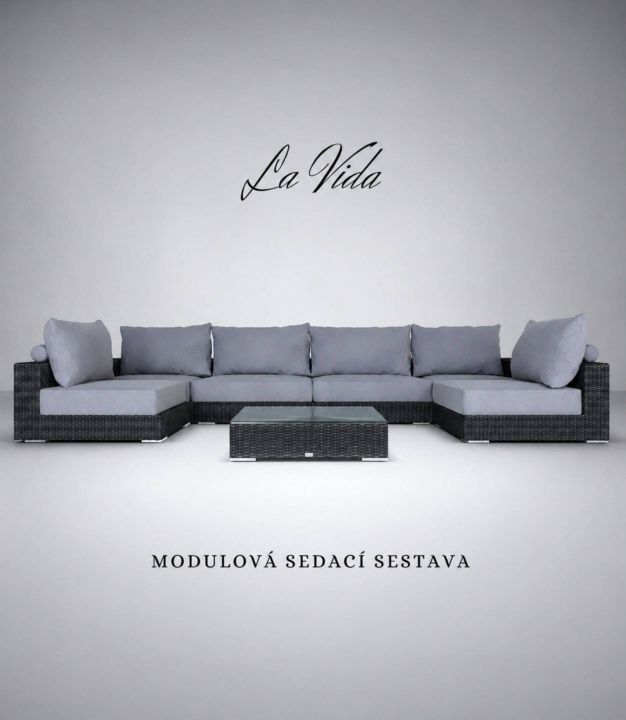 Zahradní sestava LA VIDA LOUNGE z umělého ratanu v grafitové barvě s modulovou pohovkou a konferenčním stolkem pro venkovní posezení