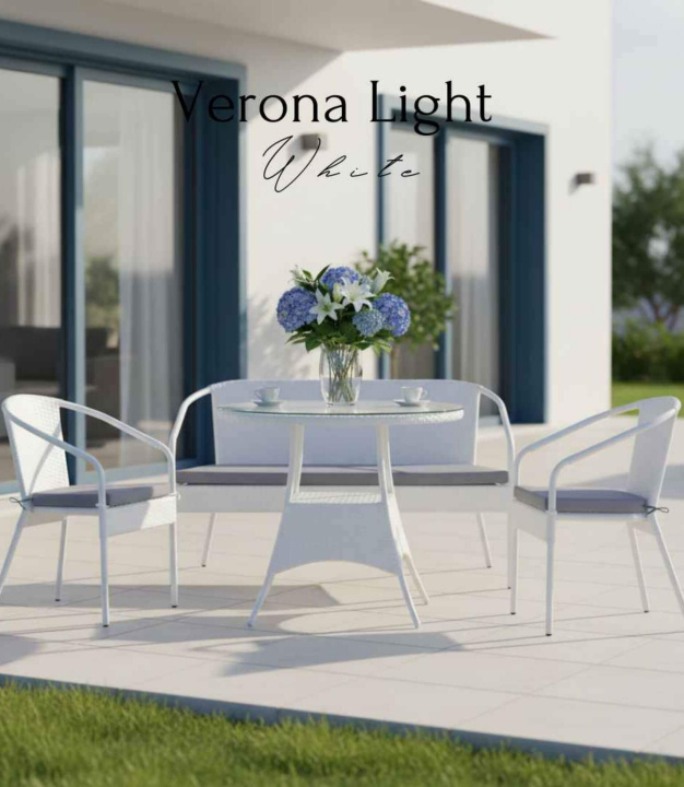 Zahradní sestava Verona Light + Balina v bílé barvě se dvěma židlemi, pohovkou a kulatým stolem na terase.