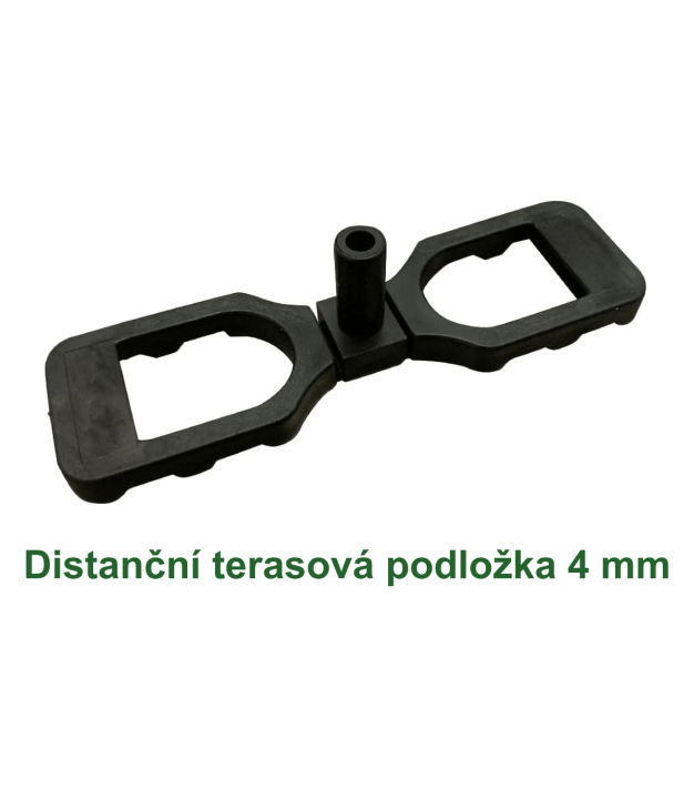 Detail distanční terasové podložky 4 mm mezi dřevěným hranolem a terasovým prknem.