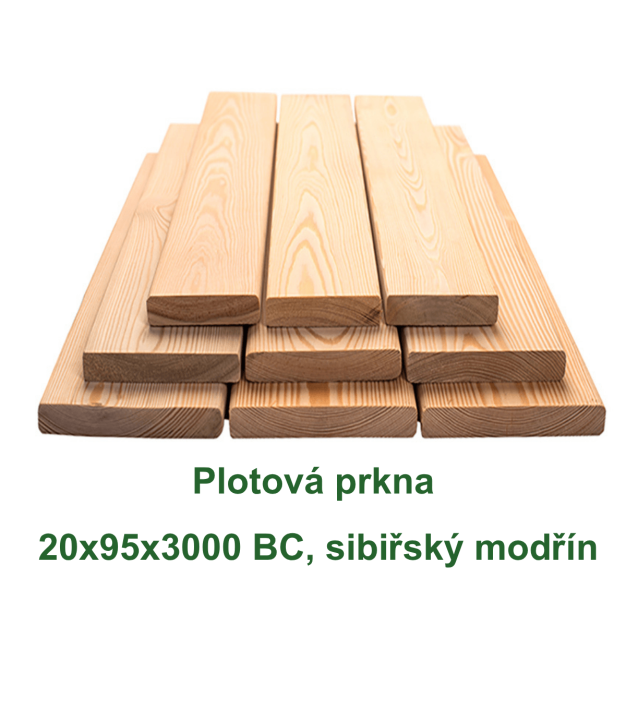 Sada plotových prken ze sibiřského modřínu, přehled produktu na bílém pozadí.