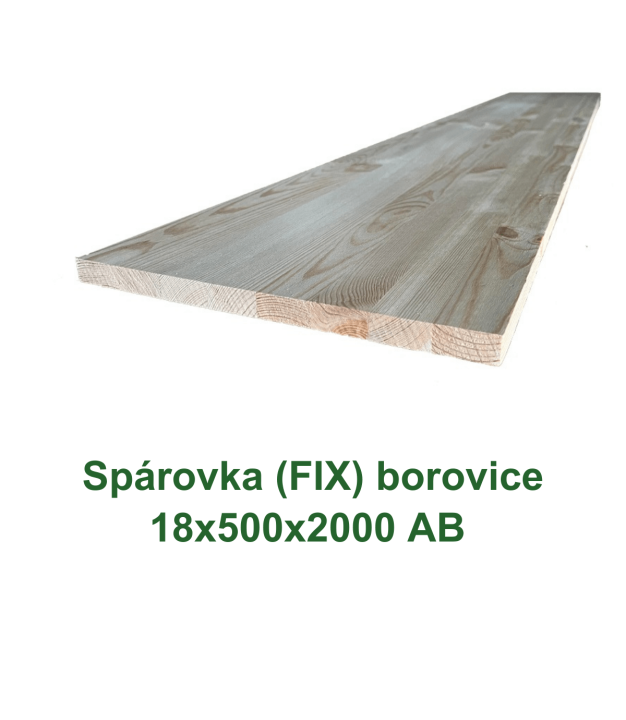 Borovicová spárovka FIX AB 18x500x2000 na produktové fotografii s viditelnou kresbou dřeva.