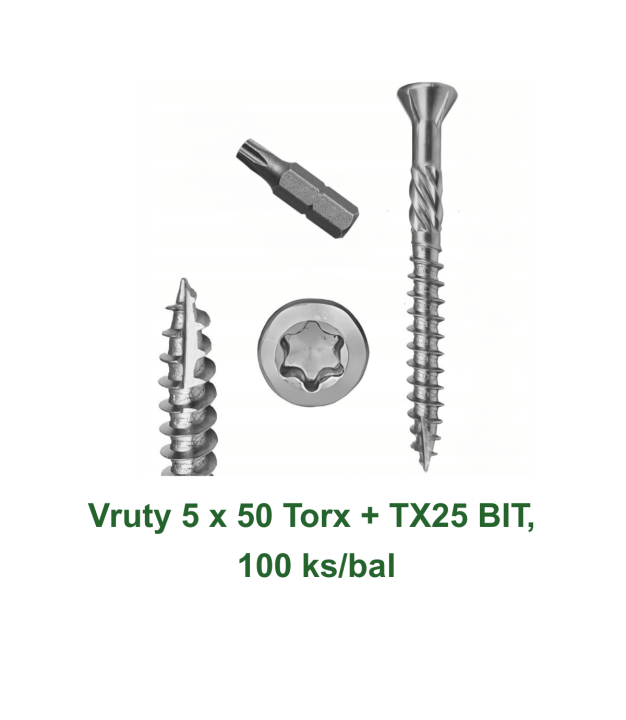 Vruty do dřeva 5 × 50 mm Torx s TX25 bitem – balení 100 ks