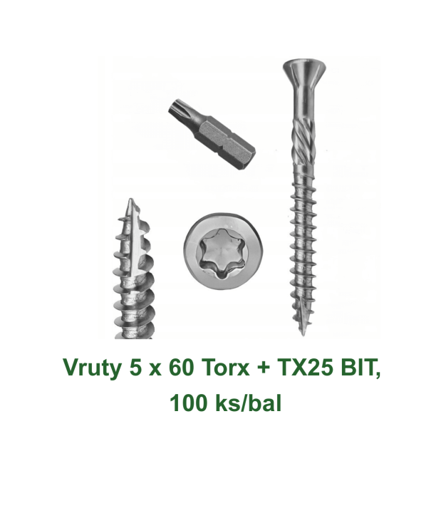 Vruty do dřeva 5 × 60 mm Torx s TX25 bitem – balení 100 ks