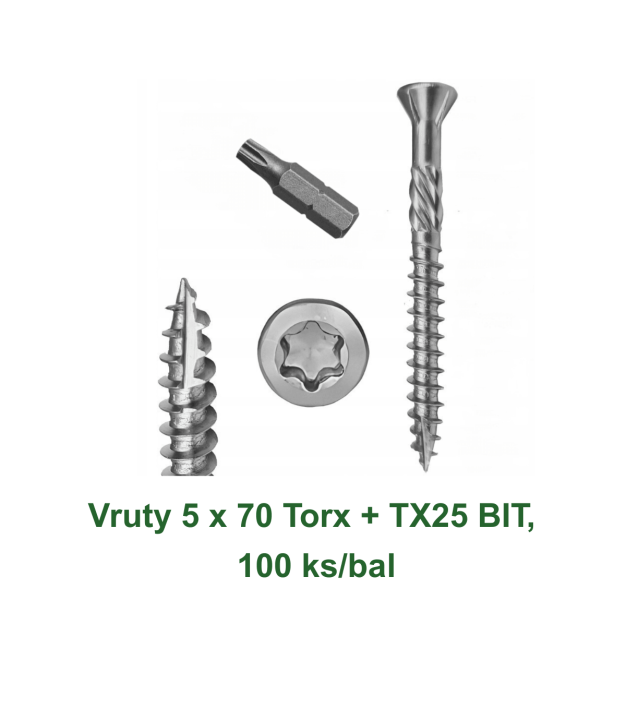 Vruty do dřeva 5 × 70 mm Torx s TX25 bitem – balení 100 ks