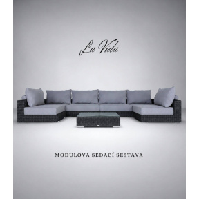 Zahradní sestava LA VIDA LOUNGE z umělého ratanu v grafitové barvě s modulovou pohovkou a konferenčním stolkem pro venkovní posezení