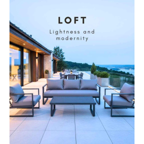 Luxusní zahradní set LOFT z umělého ratanu v grafitové barvě s moderním designem a pohodlnými šedými polštáři.
