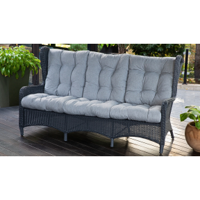 Velká třímístná pohovka z umělého ratanu LONDON Terico. Ratan v grafitové barvě. Šedé polštáře a mat