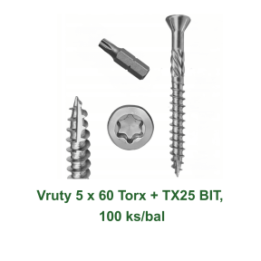 Vruty do dřeva 5 × 60 mm Torx s TX25 bitem – balení 100 ks