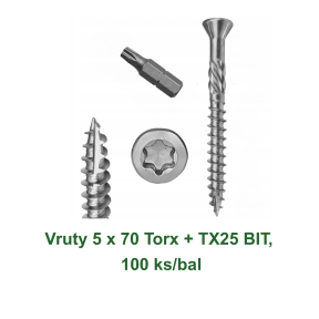 Vruty do dřeva 5 × 70 mm Torx s TX25 bitem – balení 100 ks